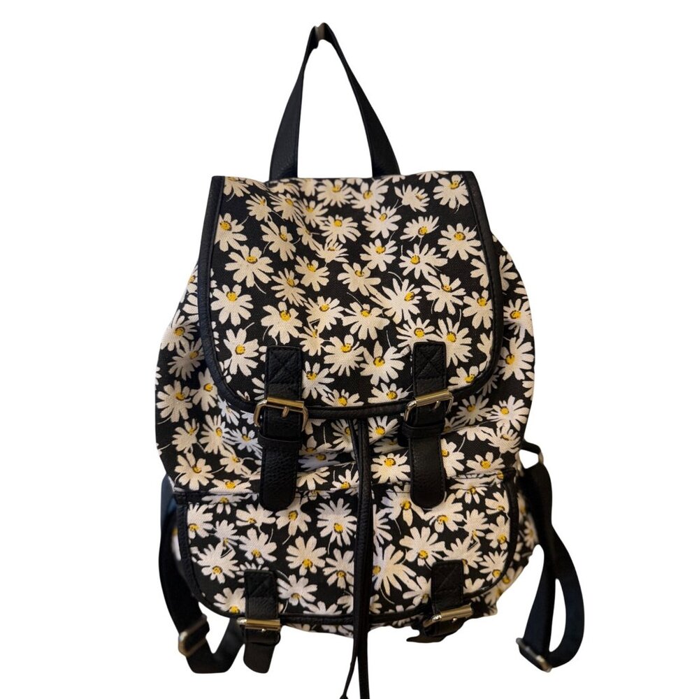 Daisy-Print Canvas & Faux Leather Backpack With Adjustable Straps & Buckle Closu